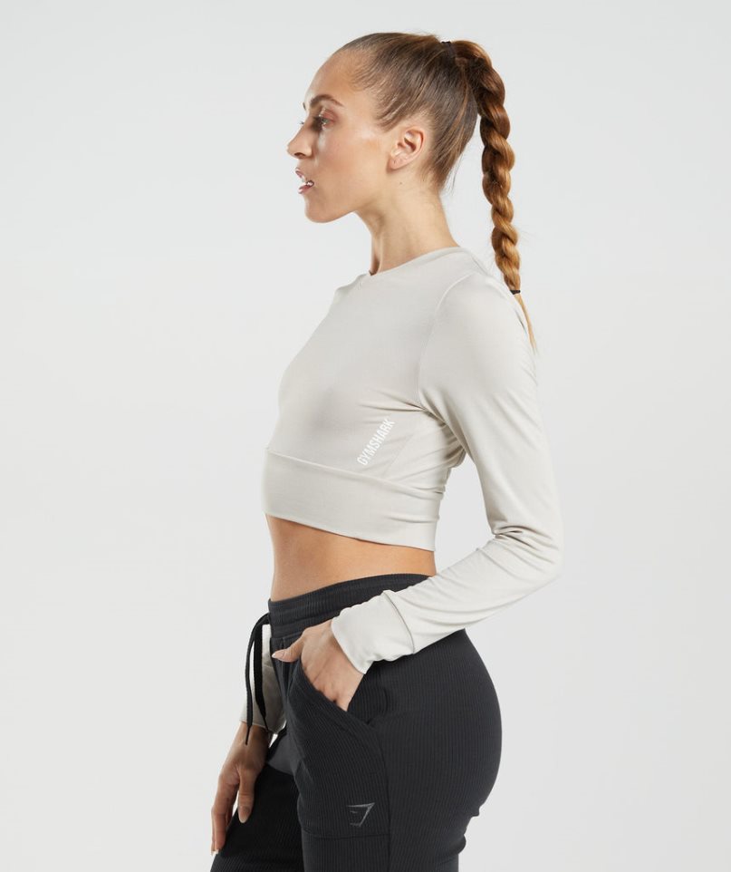 Women's Gymshark Pause Open Back Long Sleeve Cropped Tops Light Grey | NZ 7QWLSD